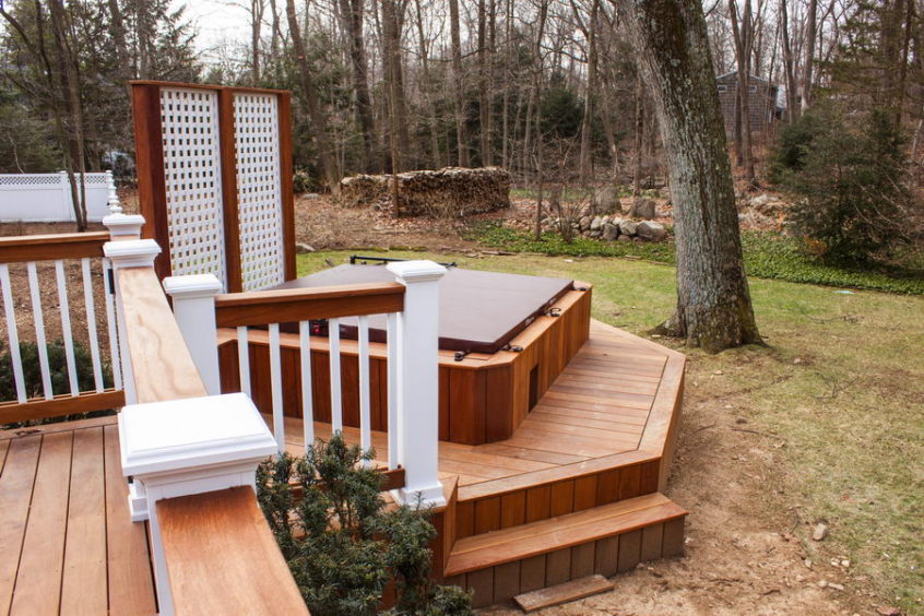 STAMFORD CT: MULTI LEVEL DECK WITH HOT TUB. TROPICAL HARDWOOD CUMARU DECKING AND RAILING