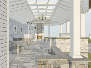 Architect DESIGN - GREENWICH CT Roof over patio with a huge custom skylight Build in outdoor kitchen grill and fireplace. Best Designer and Architect