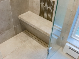 New Relocated Contemporary Bath(Frameless Glass Enclosure, Bench, Curbless Shower Entry, Floating Modern Vanity )