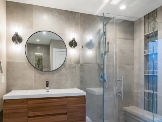 New Relocated Contemporary Bath(Frameless Glass Enclosure, Bench, Curbless Shower Entry, Floating Modern Vanity )