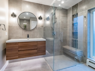 New Relocated Contemporary Bath(Frameless Glass Enclosure, Bench, Curbless Shower Entry, Floating Modern Vanity )