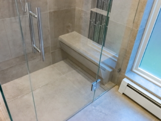 New Relocated Contemporary Bath(Frameless Glass Enclosure, Bench, Curbless Shower Entry, Floating Modern Vanity )