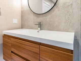 New Relocated Contemporary Bath(Frameless Glass Enclosure, Bench, Curbless Shower Entry, Floating Modern Vanity )