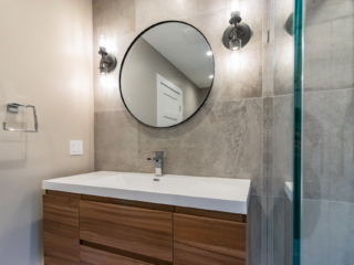 New Relocated Contemporary Bath(Frameless Glass Enclosure, Bench, Curbless Shower Entry, Floating Modern Vanity )