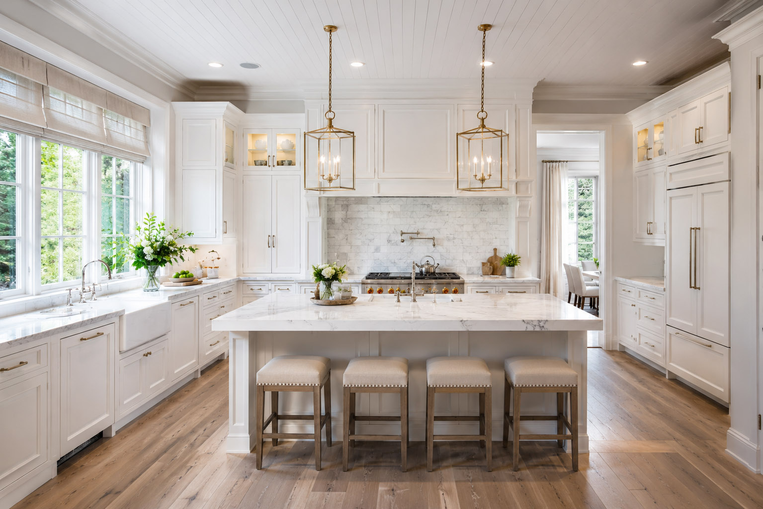 Luxury colonial-style kitchen remodel in New Canaan CT with white custom cabinetry, marble waterfall island, brass pendant lighting, hardwood floors, and elegant high-end finishes.